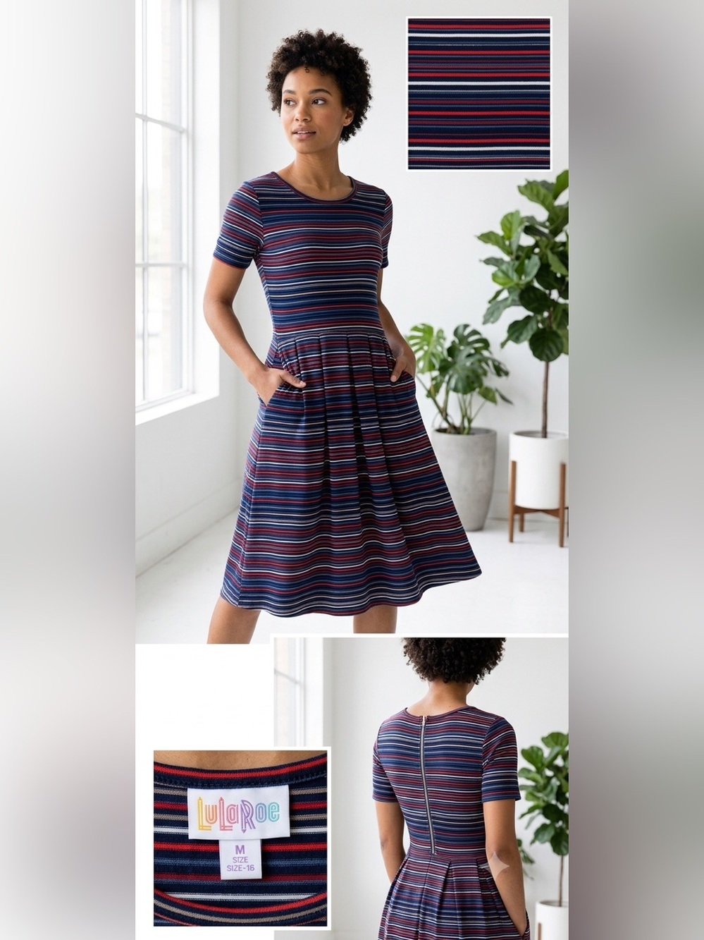 LuLaRoe Navy Blue Red Stripe Midi Dress
